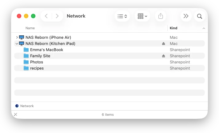 The Finder's Network view with the server expanded to its shares