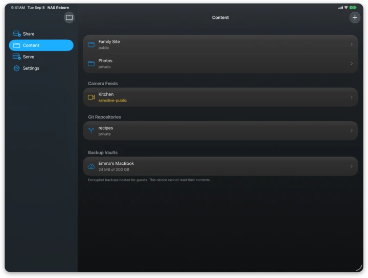 The Content tab on an iPad, with the sidebar and the list of folders, camera feeds, git repositories and backup vaults