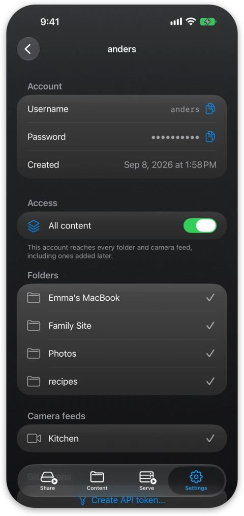 An account's screen with its password, the All content switch and the list of what it may reach