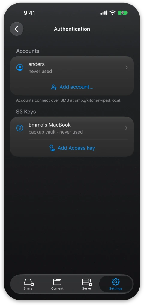 The Authentication screen listing the device accounts and access keys