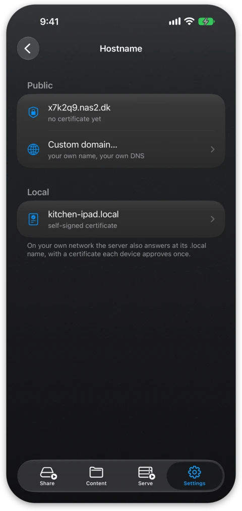 The address screen listing the local name, the LAN address and the nas2.dk hostname