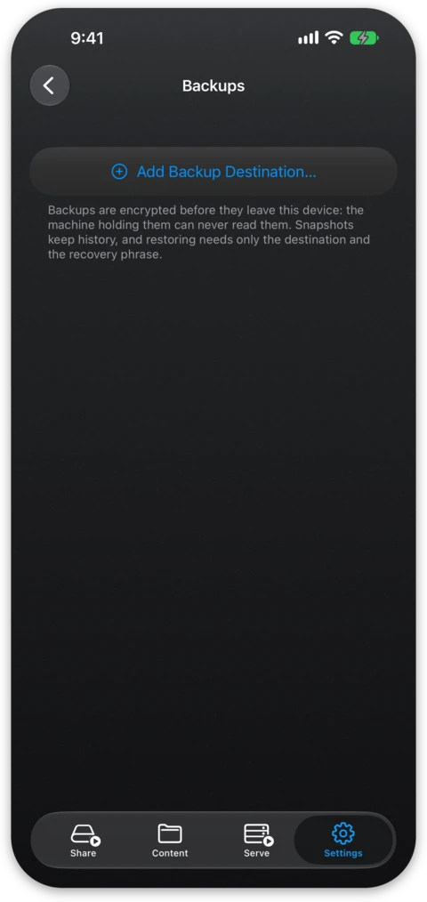 The Backups screen in Settings, where a destination is added