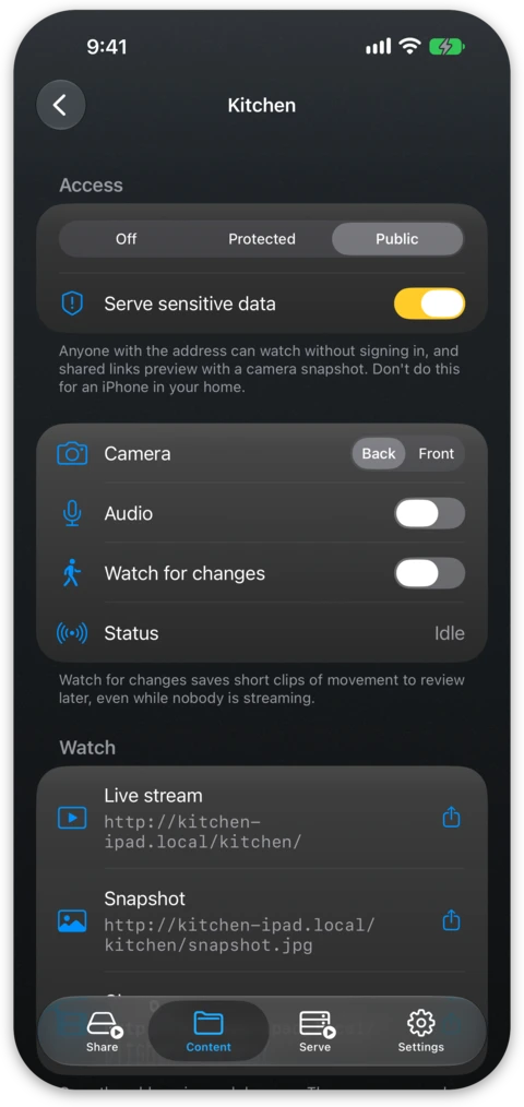 A camera feed's screen with the camera choice, audio, the status line and the three addresses
