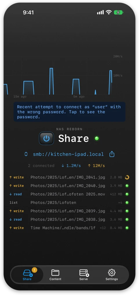 The Share tab with a banner offering to create an account for a sign-in that just failed