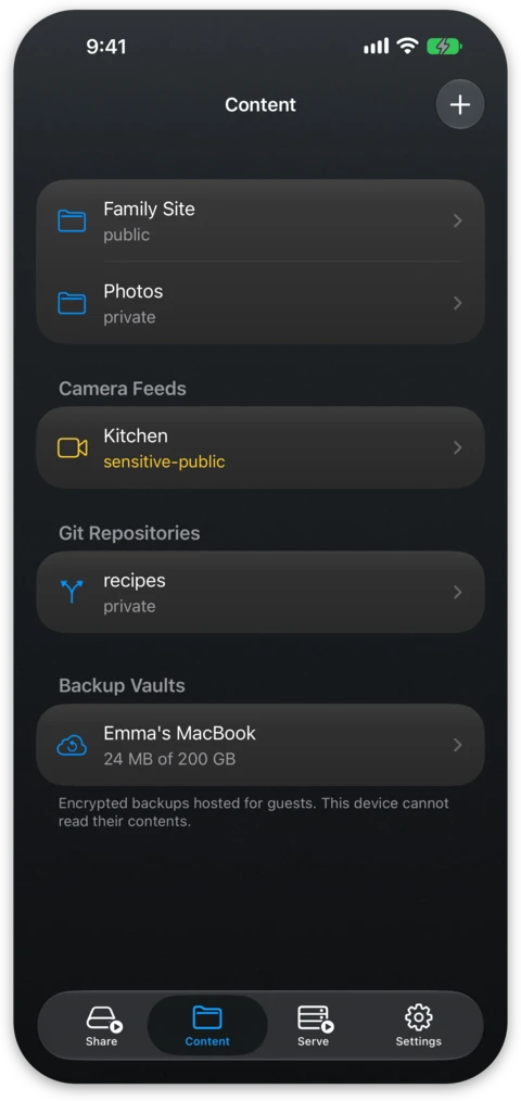 The Content tab with a public camera feed shown in the warning colour