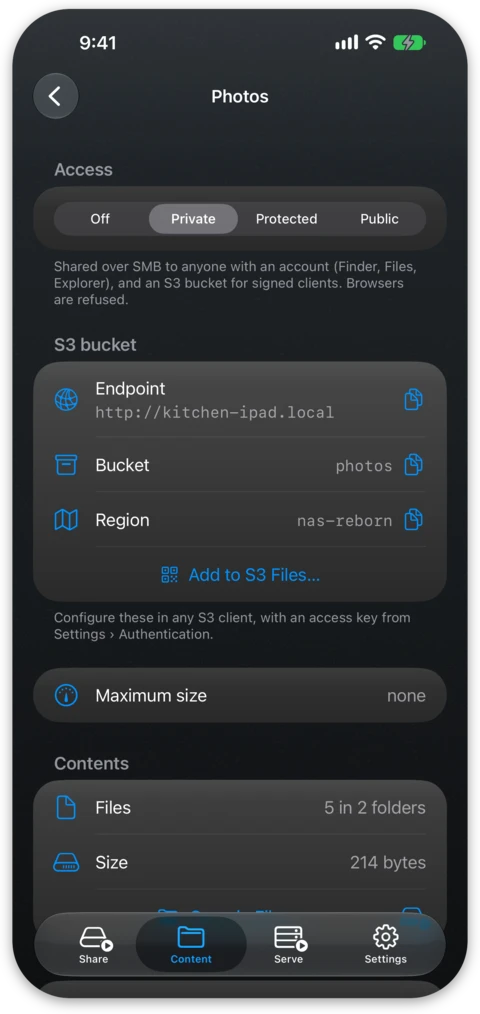 The screen of a private folder with its access level picker and addresses