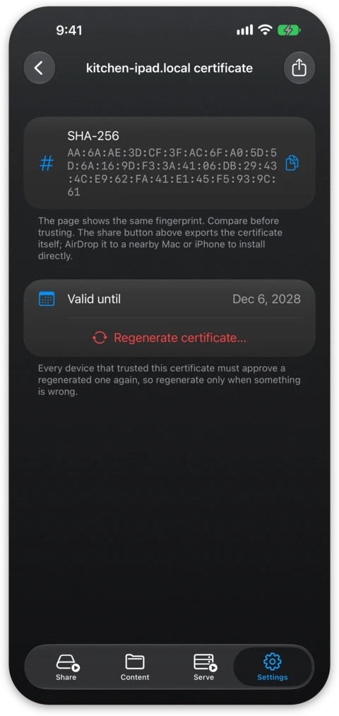 The .local certificate screen with its QR code, fingerprint and share button