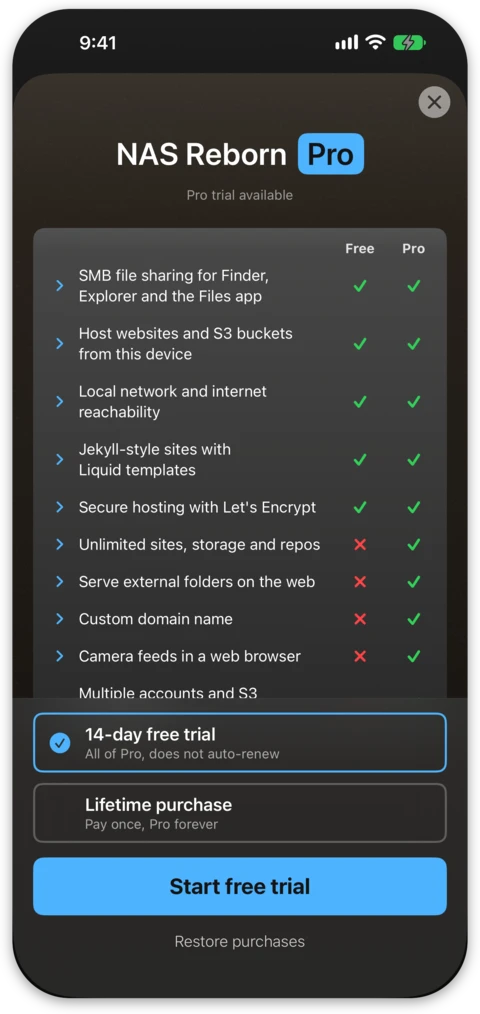 The NAS Reborn Pro screen with the trial and the lifetime purchase