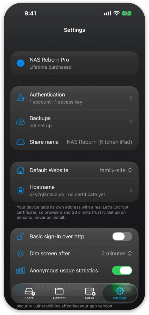 The Settings tab with the Hostname row showing the server's nas2.dk name