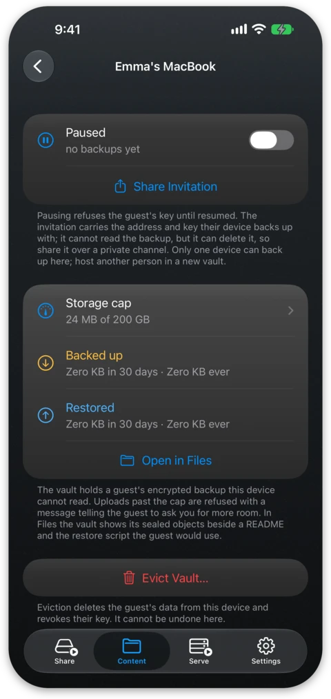 A vault's screen showing how much is stored against its cap, the invitation and the pause and evict controls