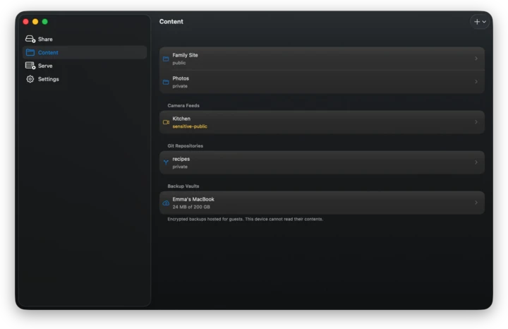 The Content tab in the Mac window, with a camera feed among the folders