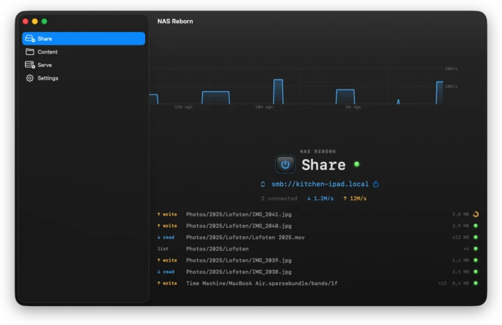 The NAS Reborn window on a Mac with the sidebar and the Share panel