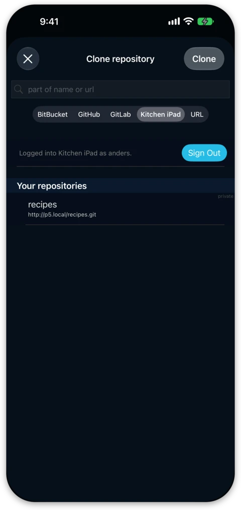 Working Copy's Clone repository sheet on its NAS Reborn tab, signed into Kitchen iPad and listing the recipes repository